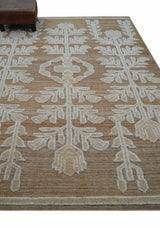 Custom Made Tribal Brown And Ivory Hand Knotted Wool and Jute Rug