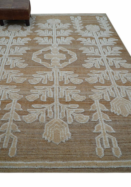 Custom Made Tribal Brown And Ivory Hand Knotted Wool and Jute Rug