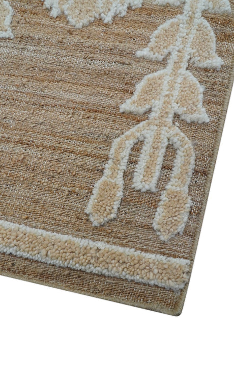 Custom Made Tribal Brown And Ivory Hand Knotted Wool and Jute Rug