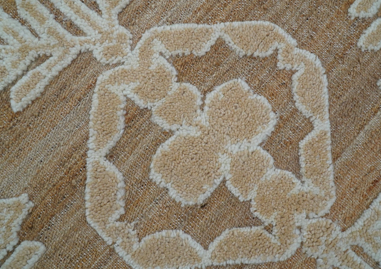 Custom Made Tribal Brown And Ivory Hand Knotted Wool and Jute Rug