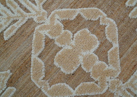 Custom Made Tribal Brown And Ivory Hand Knotted Wool and Jute Rug