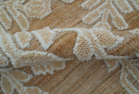 Custom Made Tribal Brown And Ivory Hand Knotted Wool and Jute Rug