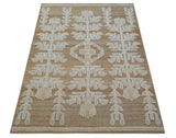 Custom Made Tribal Brown And Ivory Hand Knotted Wool and Jute Rug