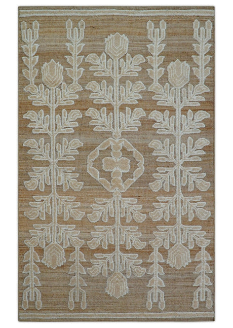 Custom Made Tribal Brown And Ivory Hand Knotted Wool and Jute Rug