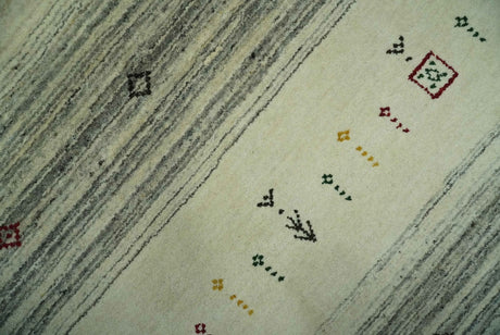 Custom Made Tribal Gabbeh Ivory, Black, Gold and Maroon Stripes design Traditional Wool Area Rug
