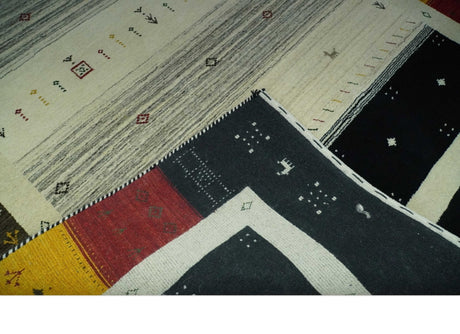 Custom Made Tribal Gabbeh Ivory, Black, Gold and Maroon Stripes design Traditional Wool Area Rug