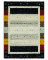 Custom Made Tribal Gabbeh Ivory, Black, Gold and Maroon Stripes design Traditional Wool Area Rug