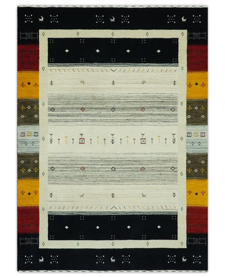 Custom Made Tribal Gabbeh Ivory, Black, Gold and Maroon Stripes design Traditional Wool Area Rug