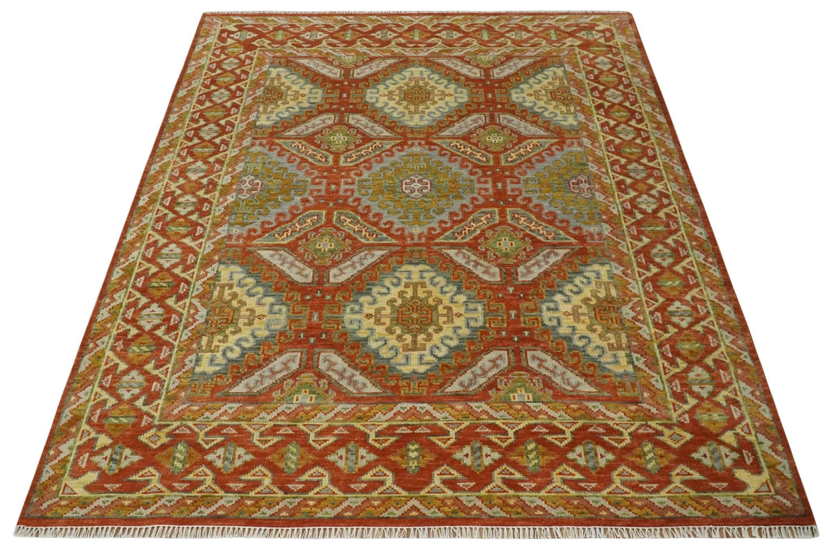 Custom Made Tribal Motifs Hand Knotted Rust, Gold and Blue Oriental Traditional Wool Area Rug