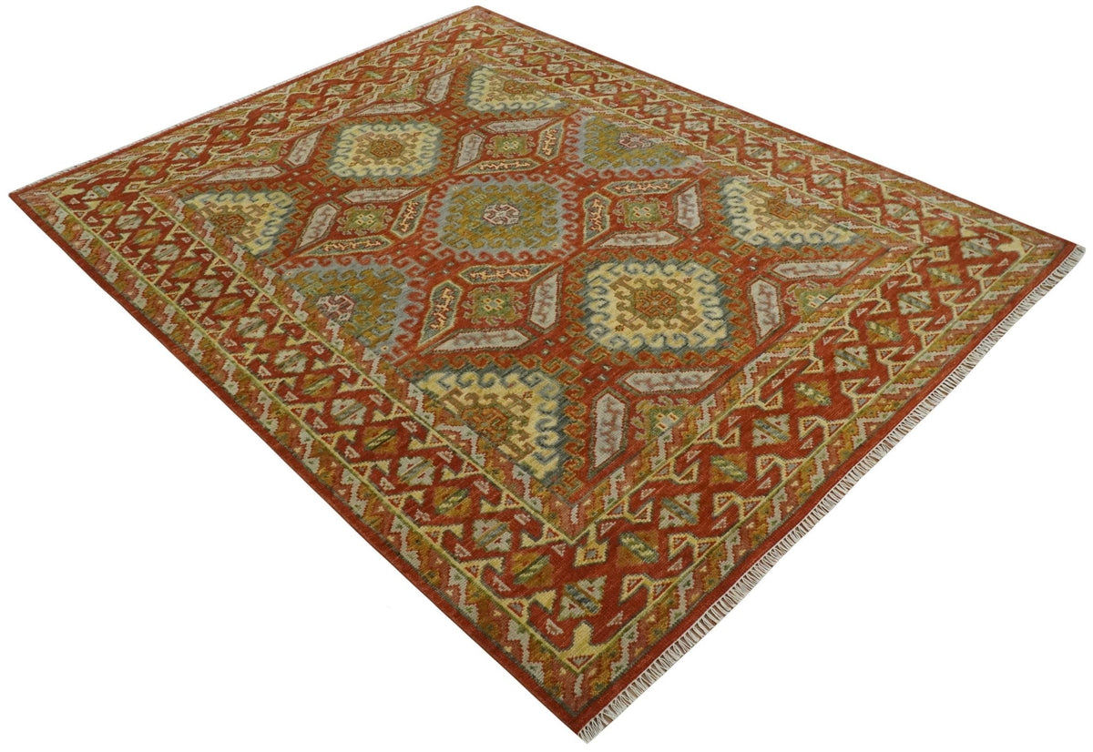 Custom Made Tribal Motifs Hand Knotted Rust, Gold and Blue Oriental Traditional Wool Area Rug