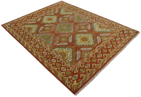 Custom Made Tribal Motifs Hand Knotted Rust, Gold and Blue Oriental Traditional Wool Area Rug