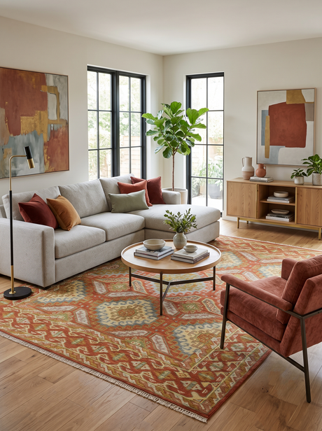 Custom Made Tribal Motifs Hand Knotted Rust, Gold and Blue Oriental Traditional Wool Area Rug