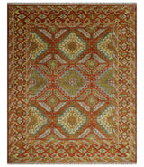 Custom Made Tribal Motifs Hand Knotted Rust, Gold and Blue Oriental Traditional Wool Area Rug