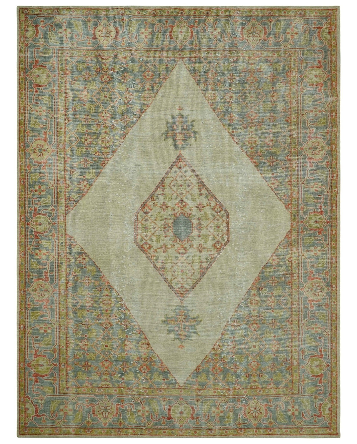 Custom Made Turkish Design Beige and Blue Hand Knotted Wool Rug