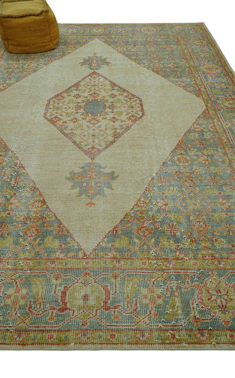 Custom Made Turkish Design Beige and Blue Hand Knotted Wool Rug