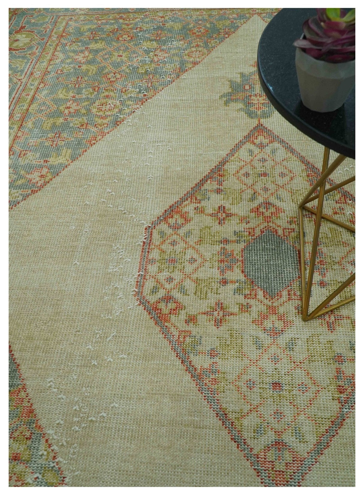 Custom Made Turkish Design Beige and Blue Hand Knotted Wool Rug