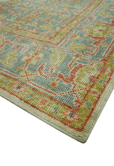Custom Made Turkish Design Beige and Blue Hand Knotted Wool Rug