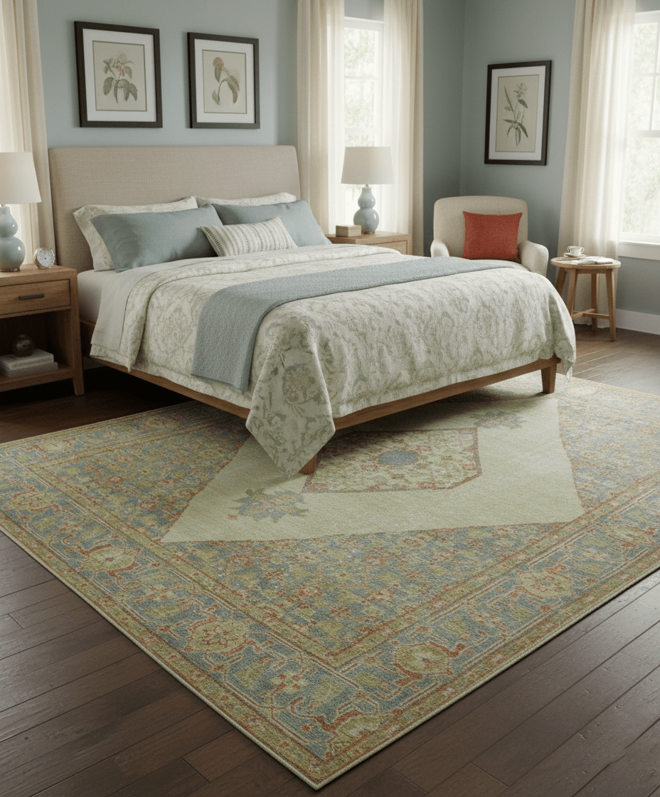 Custom Made Turkish Design Beige and Blue Hand Knotted Wool Rug