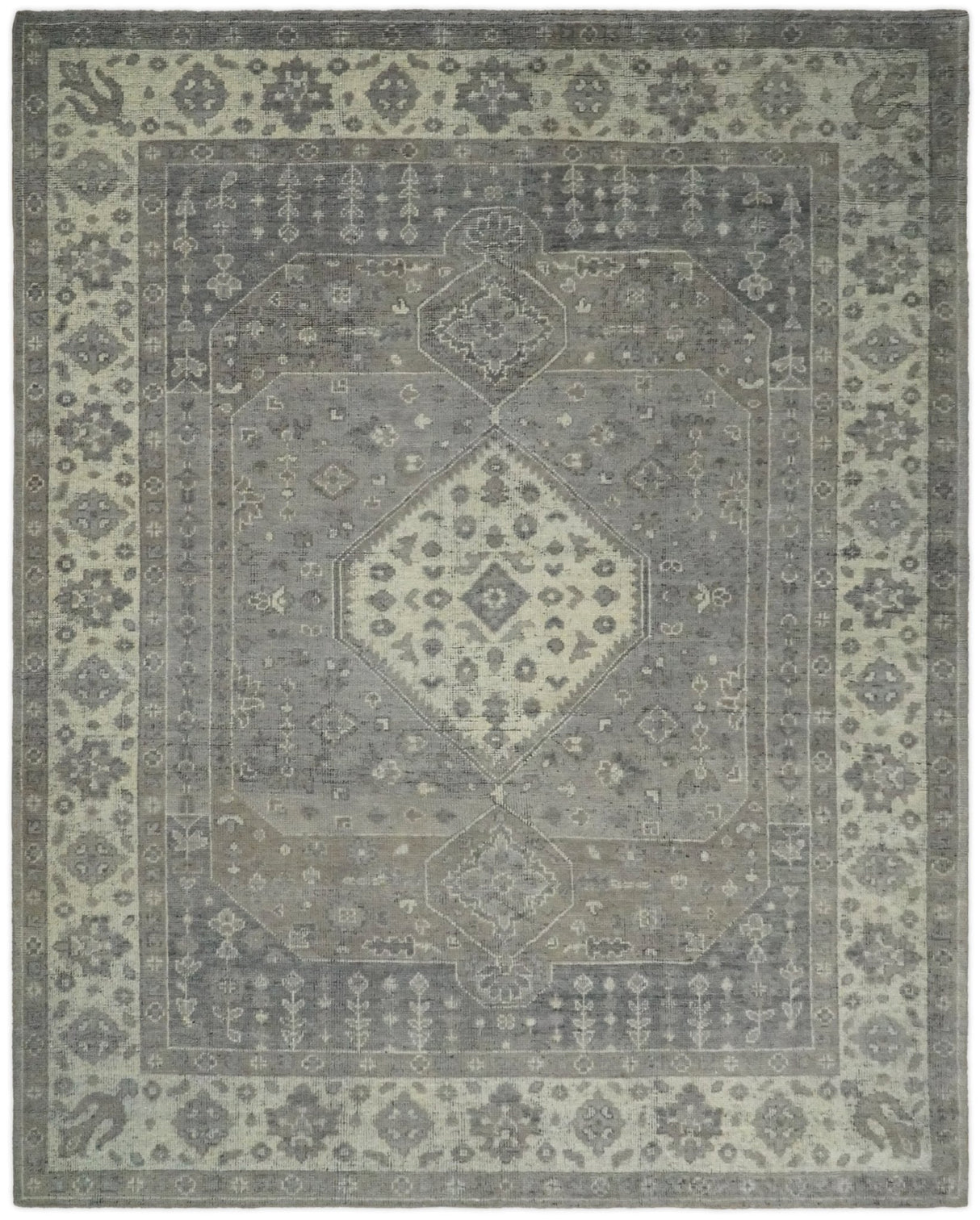 Custom Made Vintage Distressed Hand Knotted Serapi Gray and Beige Wool Area Rug