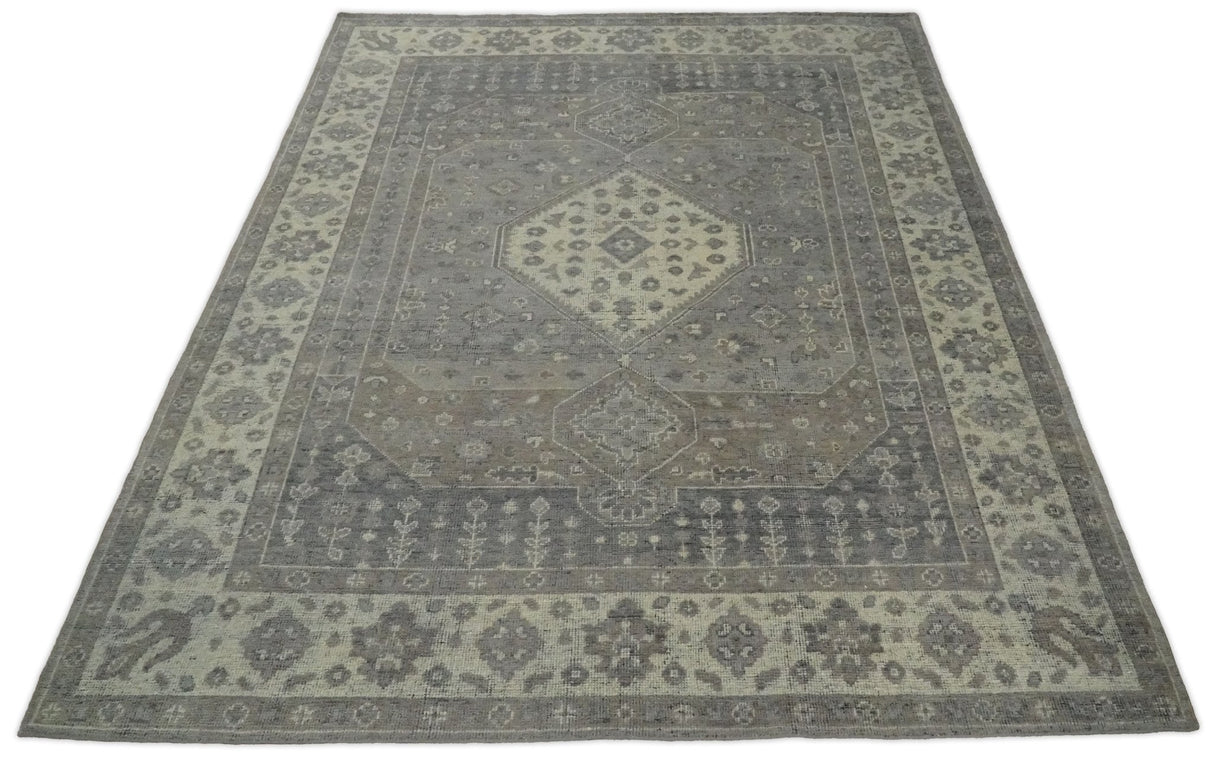 Custom Made Vintage Distressed Hand Knotted Serapi Gray and Beige Wool Area Rug