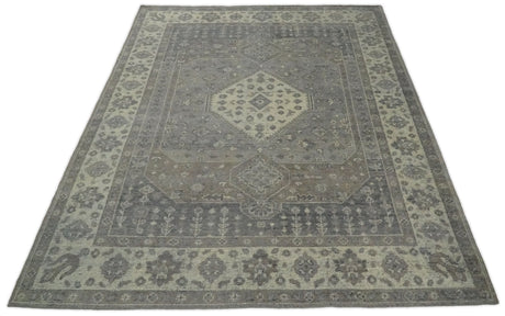 Custom Made Vintage Distressed Hand Knotted Serapi Gray and Beige Wool Area Rug