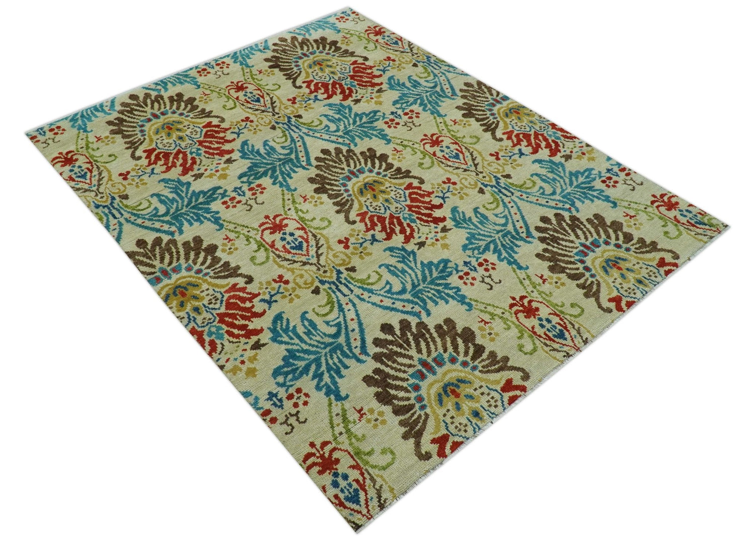 Custom Made Vintage Floral Ikat Design Beige And Blue Hand Knotted Wool Rug