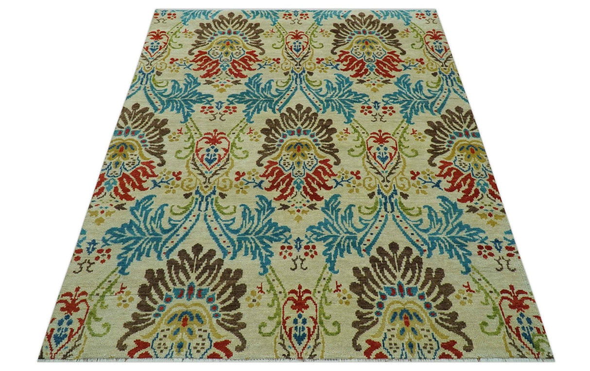 Custom Made Vintage Floral Ikat Design Beige And Blue Hand Knotted Wool Rug