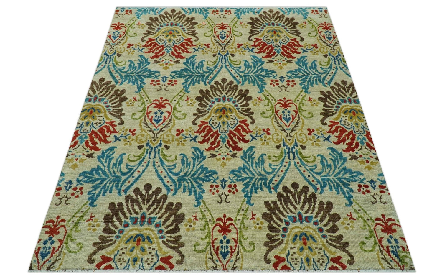 Custom Made Vintage Floral Ikat Design Beige And Blue Hand Knotted Wool Rug