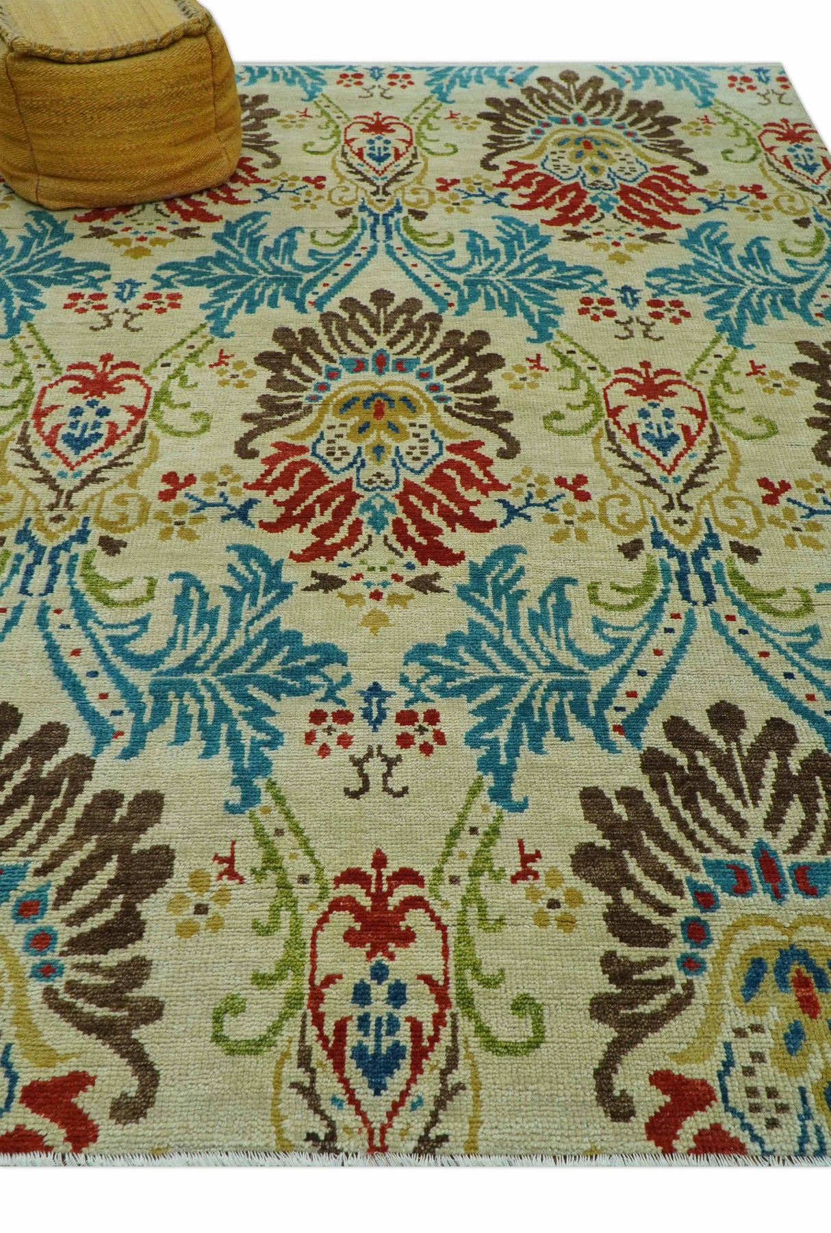 Custom Made Vintage Floral Ikat Design Beige And Blue Hand Knotted Wool Rug