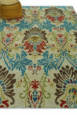 Custom Made Vintage Floral Ikat Design Beige And Blue Hand Knotted Wool Rug