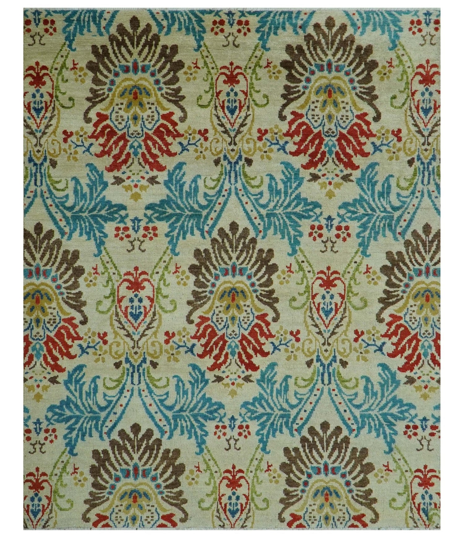Custom Made Vintage Floral Ikat Design Beige And Blue Hand Knotted Wool Rug