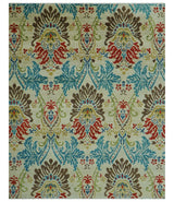 Custom Made Vintage Floral Ikat Design Beige And Blue Hand Knotted Wool Rug