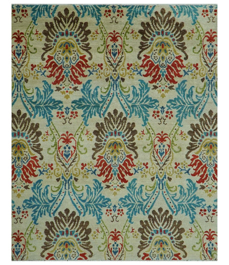 Custom Made Vintage Floral Ikat Design Beige And Blue Hand Knotted Wool Rug