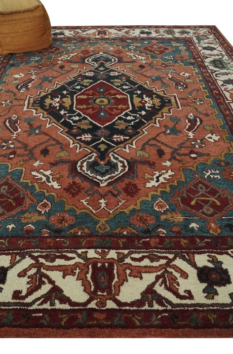 Custom Made Vintage Style Black, Rust, Teal and Ivory Hand Tufted Traditional wool Area Rug
