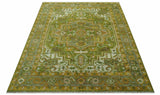 Custom Made Vintage Style Green, Silver and Gold Hand Knotted Traditional Heriz wool area rug