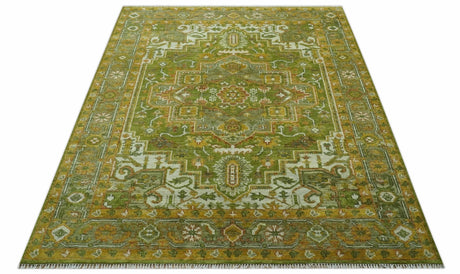 Custom Made Vintage Style Green, Silver and Gold Hand Knotted Traditional Heriz wool area rug