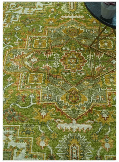 Custom Made Vintage Style Green, Silver and Gold Hand Knotted Traditional Heriz wool area rug