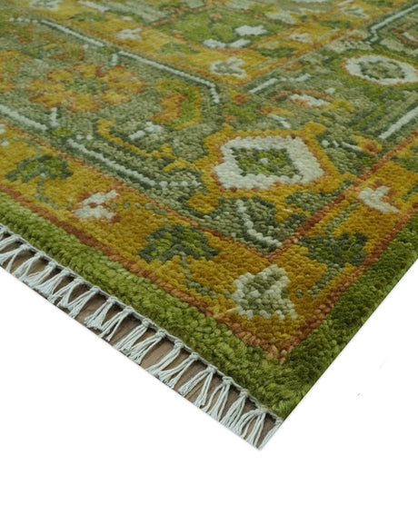 Custom Made Vintage Style Green, Silver and Gold Hand Knotted Traditional Heriz wool area rug