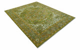 Custom Made Vintage Style Green, Silver and Gold Hand Knotted Traditional Heriz wool area rug