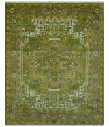 Custom Made Vintage Style Green, Silver and Gold Hand Knotted Traditional Heriz wool area rug