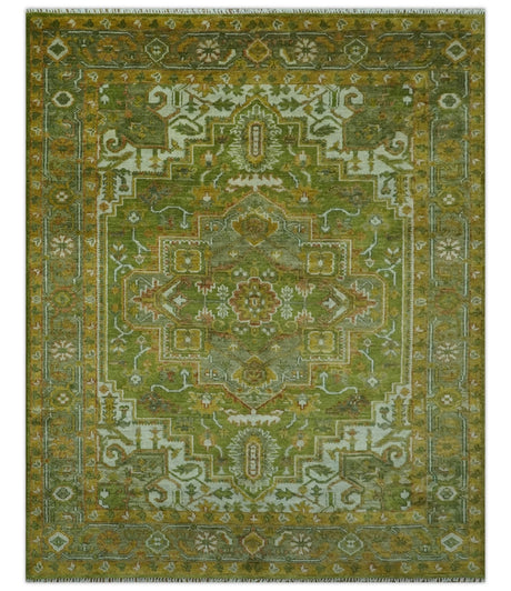 Custom Made Vintage Style Green, Silver and Gold Hand Knotted Traditional Heriz wool area rug