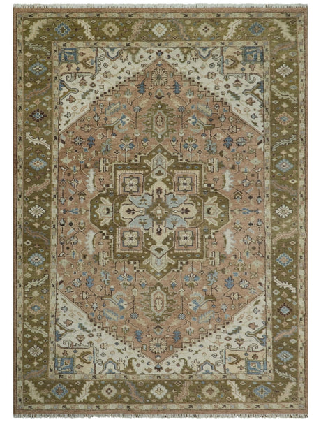 Custom Made Vintage Style Olive, Rust and Ivory Hand knotted Traditional wool Area Rug