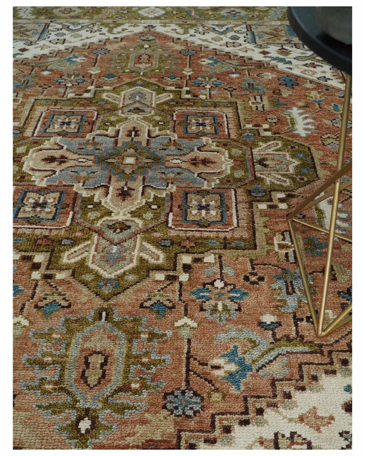 Custom Made Vintage Style Olive, Rust and Ivory Hand Knotted Traditional Wool Area Rug-Parc Decor