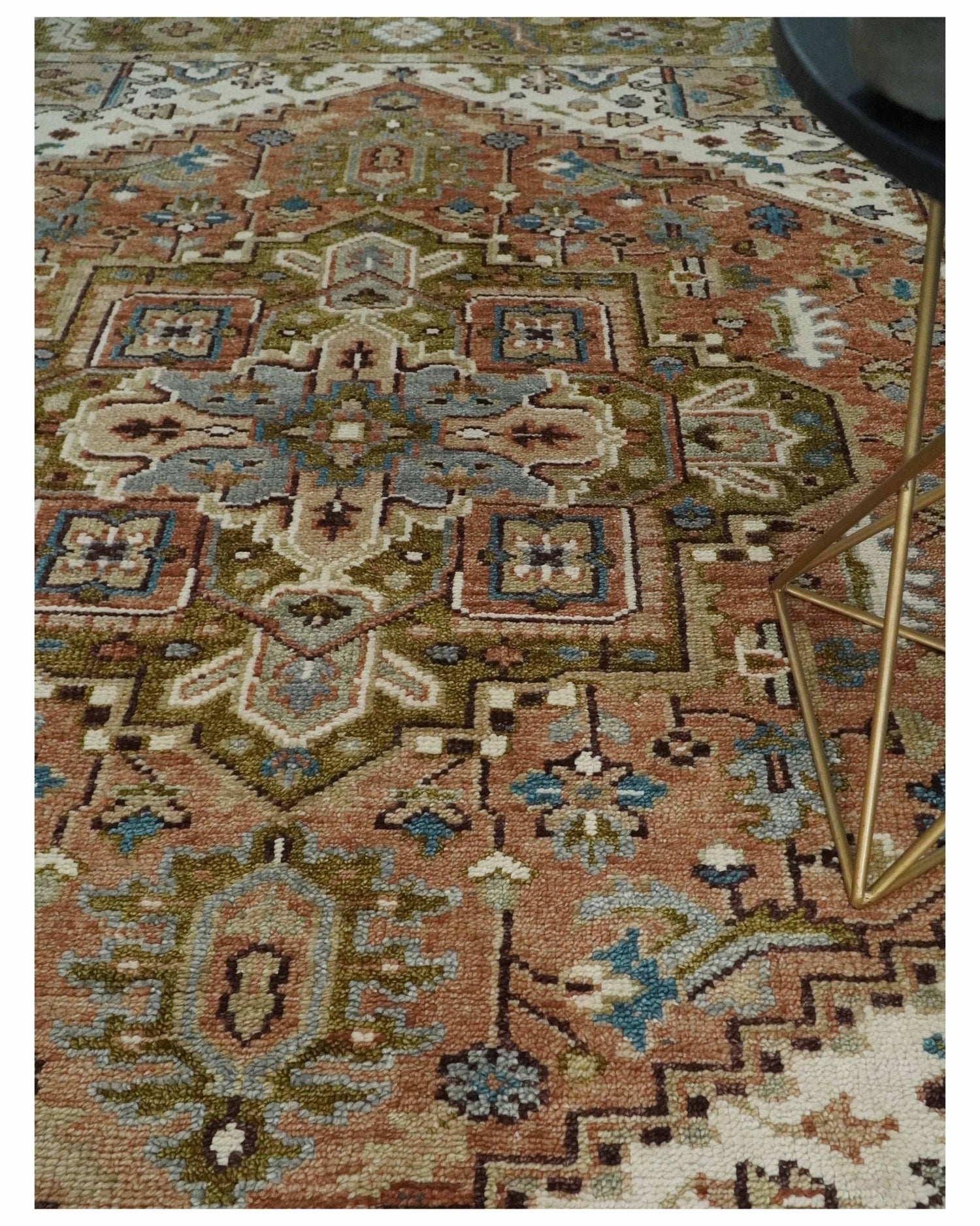 Custom Made Vintage Style Olive, Rust and Ivory Hand Knotted Traditional Wool Area Rug-Parc Decor