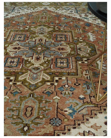 Custom Made Vintage Style Olive, Rust and Ivory Hand knotted Traditional wool Area Rug