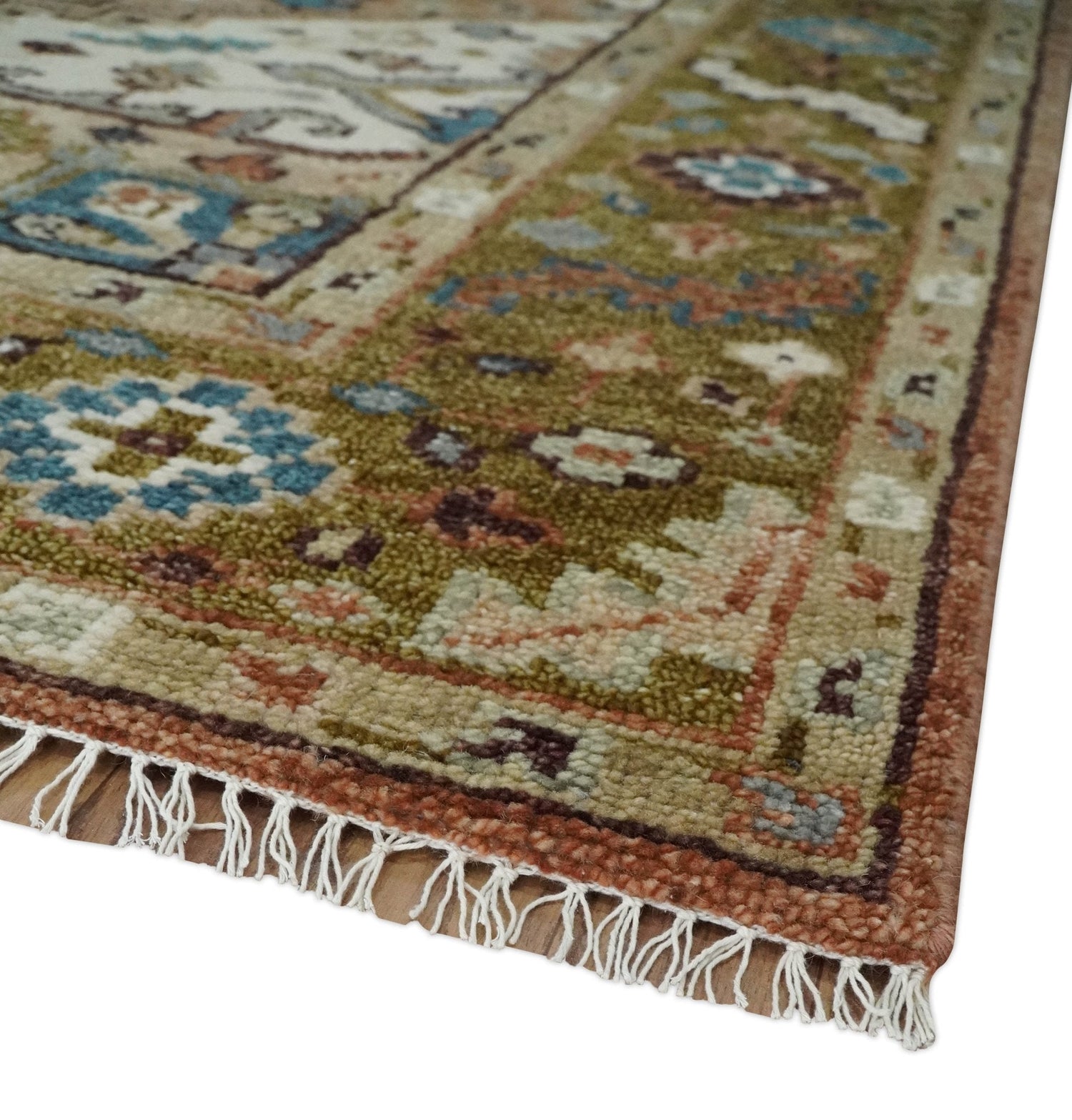 Custom Made Vintage Style Olive, Rust and Ivory Hand Knotted Traditional Wool Area Rug-Parc Decor