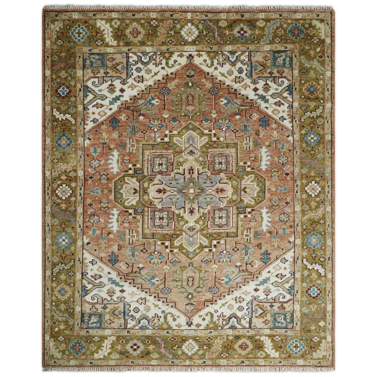 Custom Made Vintage Style Olive, Rust and Ivory Hand Knotted Traditional Wool Area Rug-Parc Decor