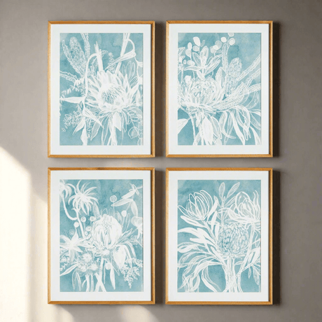 Cyanotype-Inspired Protea Wall Art with Wood Frames (Set of 4)-Art-Parc Decor