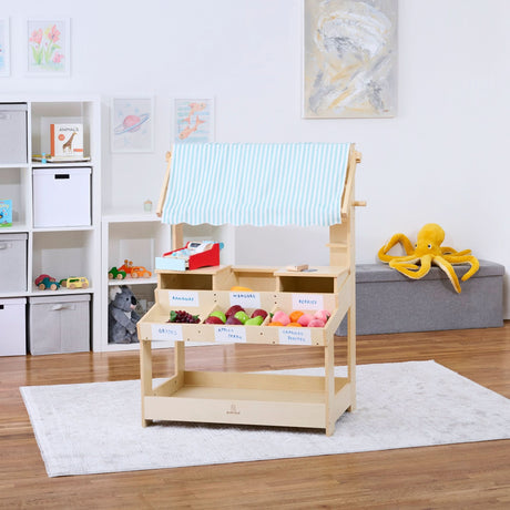 Cypress Wooden Market Stand | Kids Pretend Play Shop with Storage Shelves & Chalkboard Sign