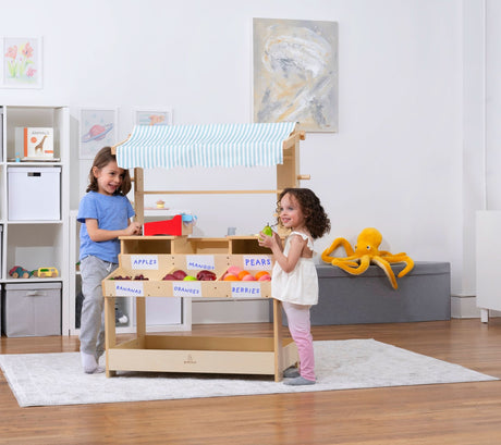 Cypress Wooden Market Stand | Kids Pretend Play Shop with Storage Shelves & Chalkboard Sign